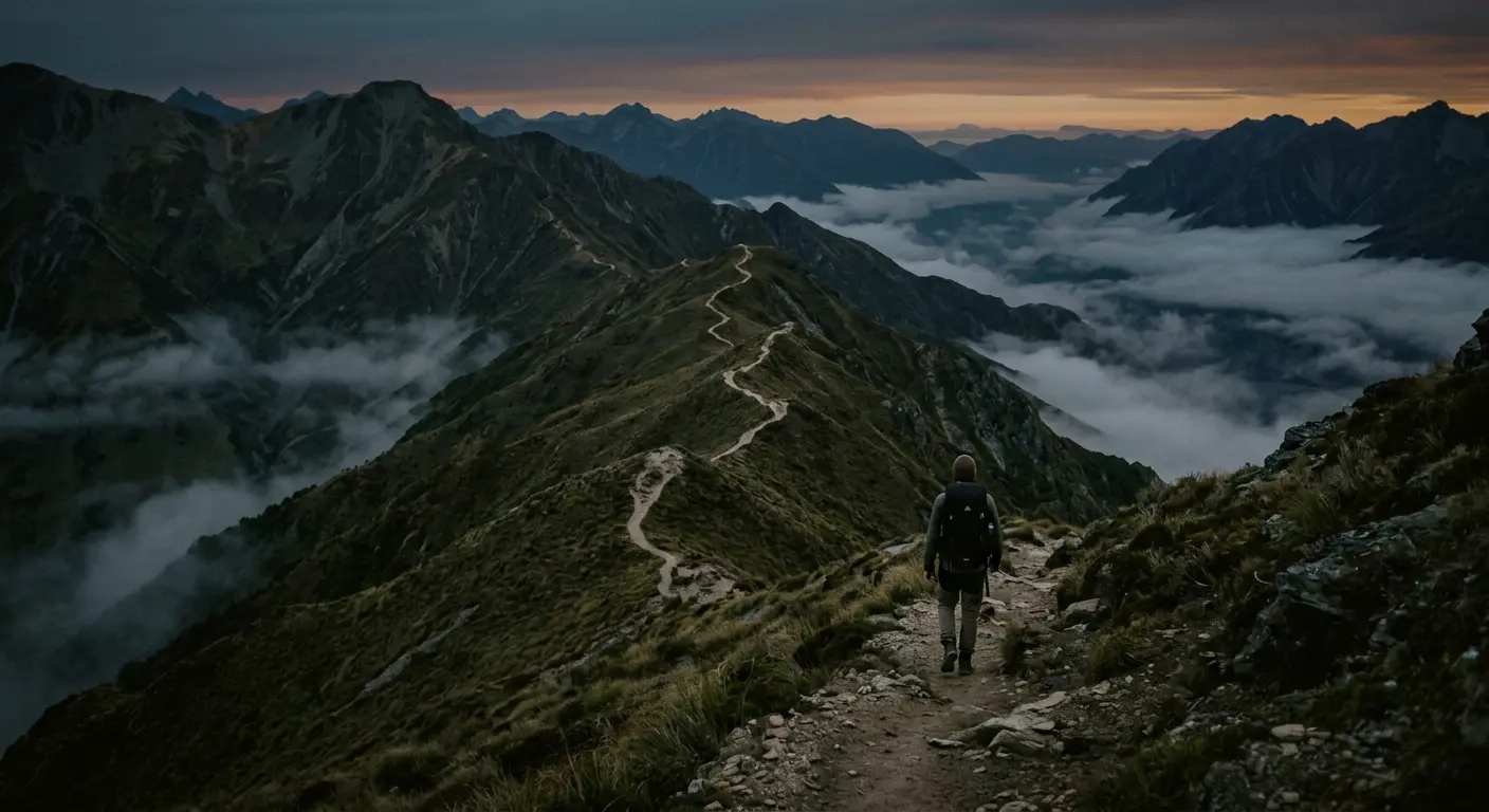 A backpacker walking a winding mountain ridge trail at dusk